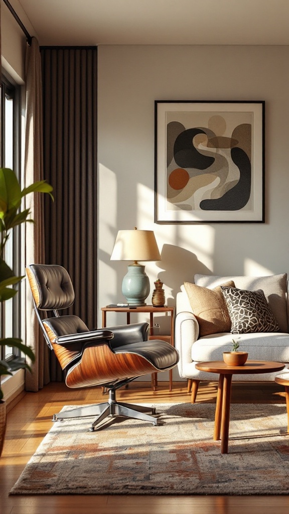 A stylish living room featuring an iconic chair, a cozy sofa, and a decorative lamp.