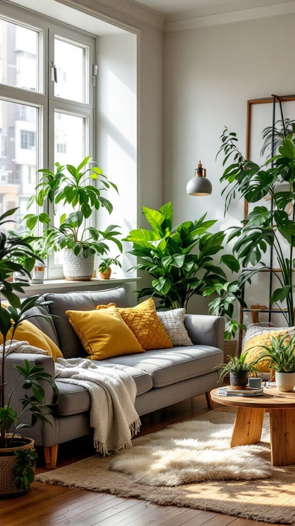 Bright and cozy living room with indoor plants and a comfortable sofa.