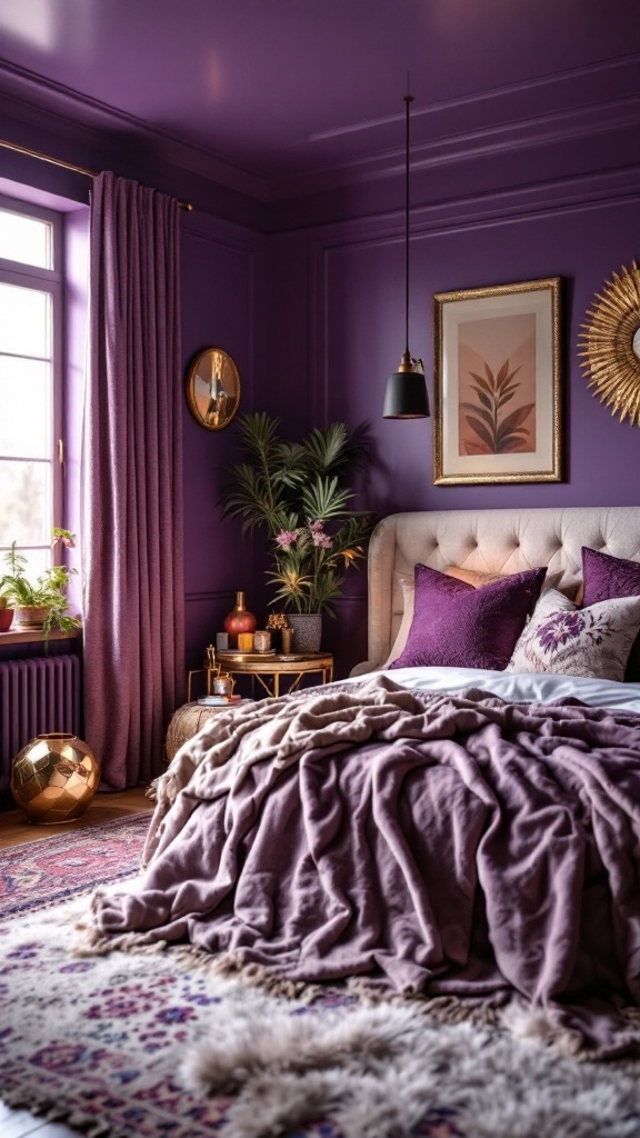 A cozy bedroom with purple walls and metallic accents, featuring a bed with textured linens, plants, and decorative elements.