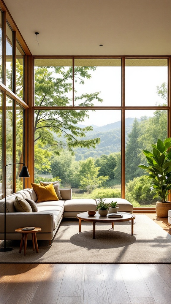 A cozy living room with large windows showing a scenic outdoor view of greenery and mountains.