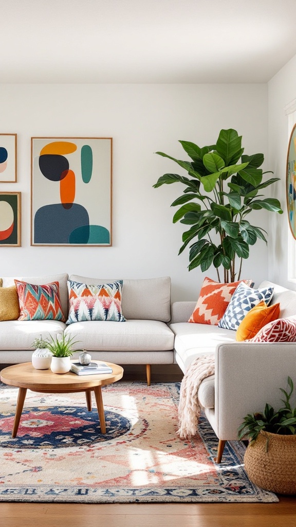 Cozy living room with a mix of colorful pillows, patterned rug, and plants.