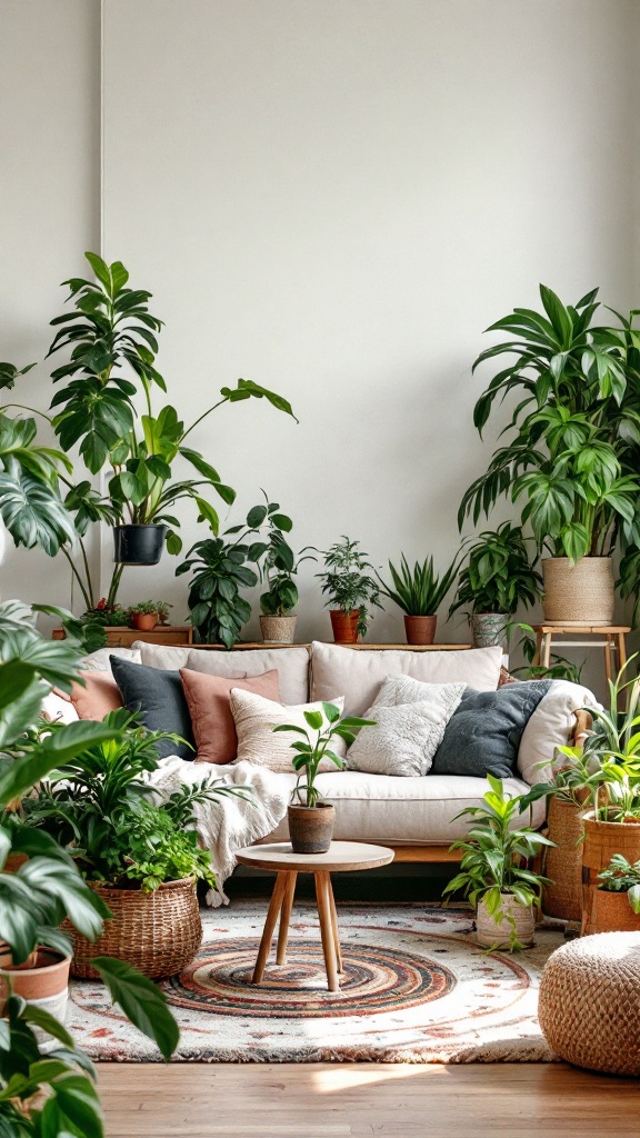 A cozy living room filled with various indoor plants surrounding a comfortable sofa.