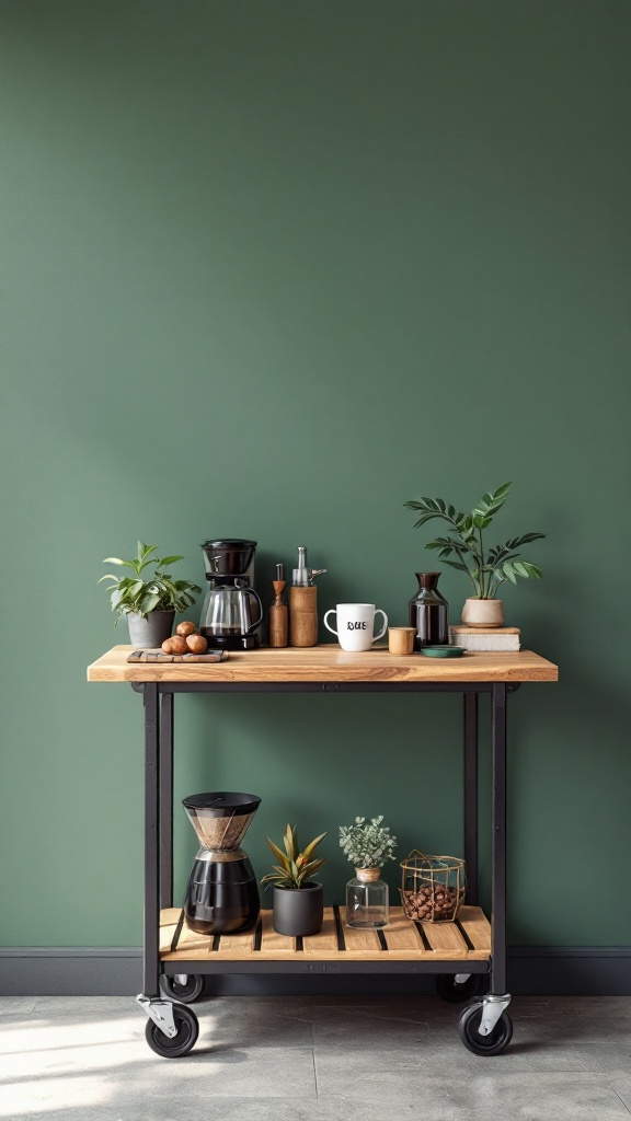 A coffee cart with wooden top and metal frame, featuring coffee maker, mugs, and plants against a green wall.