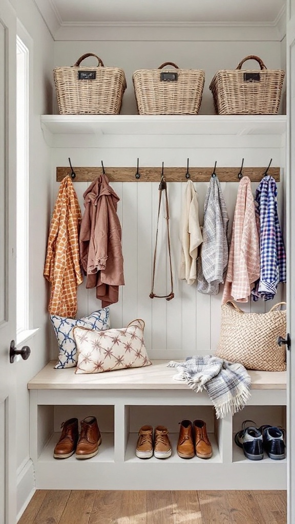 A stylish mudroom with hooks for coats, storage baskets, and a cozy bench.