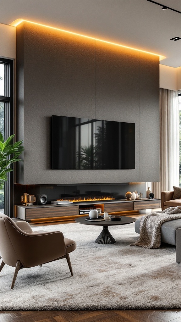 A modern living room with a sleek television, warm lighting, and a cozy atmosphere.