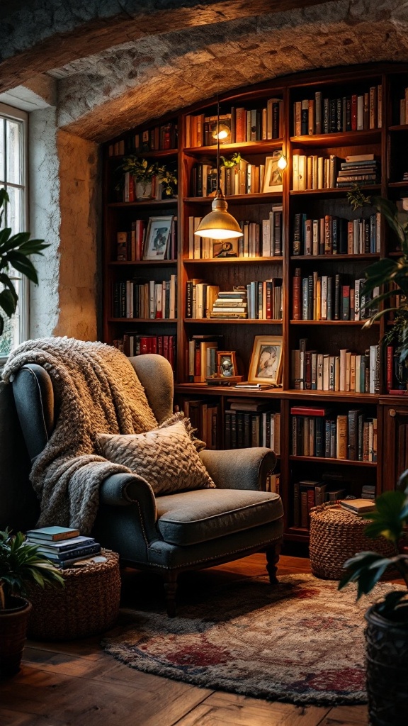 Cozy reading nook with a chair, bookshelves, and warm lighting.