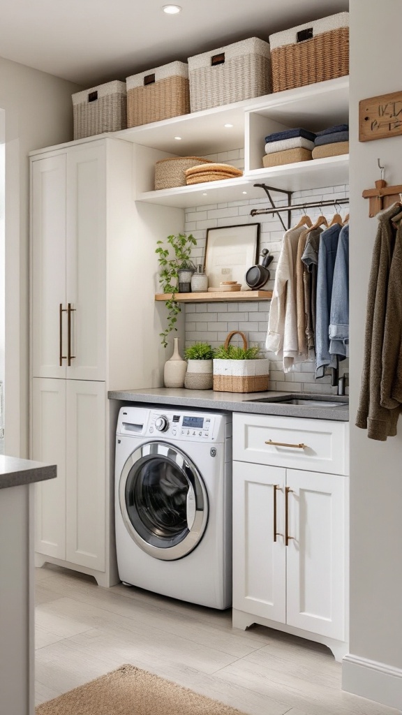 A modern laundry room featuring a washing machine, built-in drying racks, and organized storage.