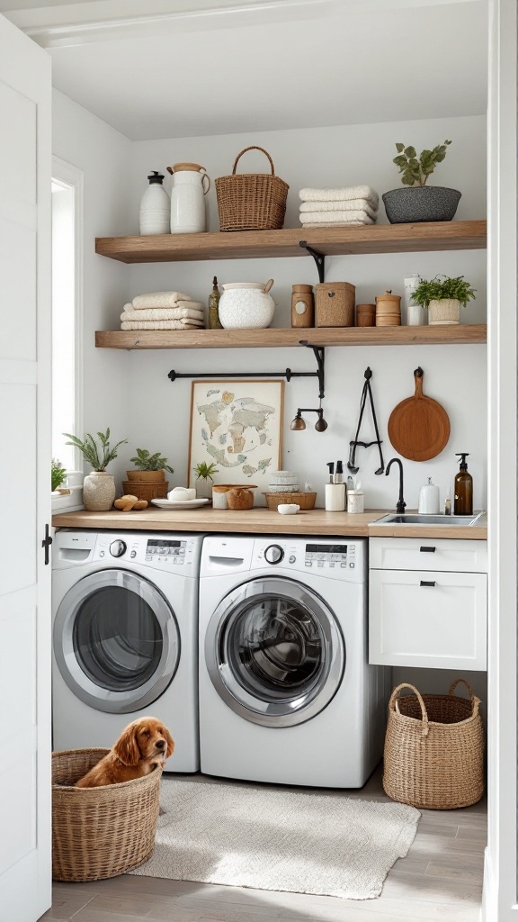 A pet-friendly laundry room with a dog in a basket, modern appliances, and decorative storage.