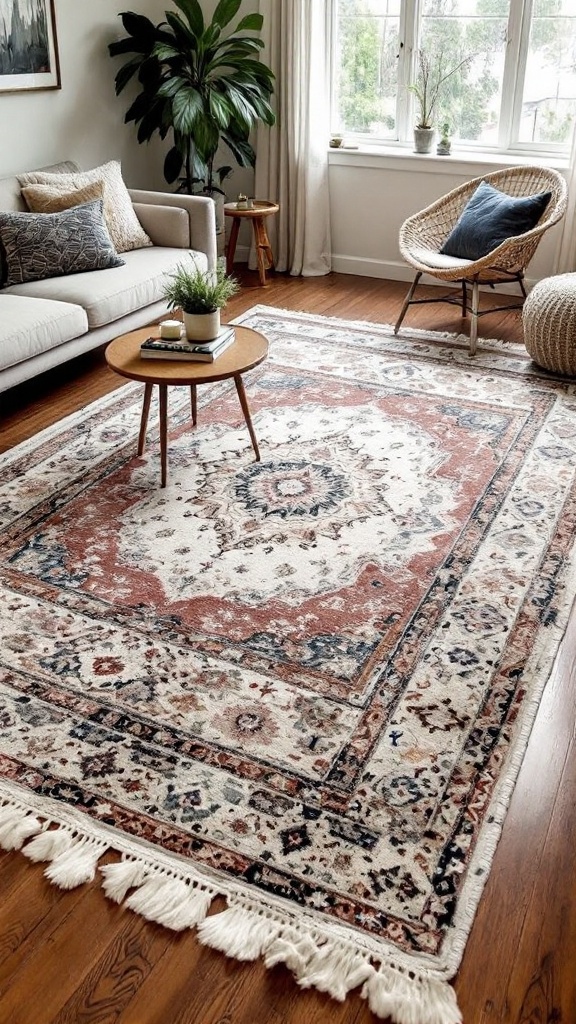 A cozy living room featuring a layered rug with intricate patterns, a comfortable sofa, and a warm color palette.