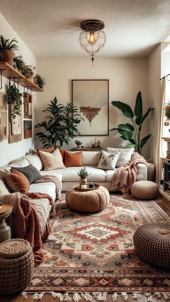 A cozy living room with layered textiles including soft throws, decorative pillows, and a patterned rug.