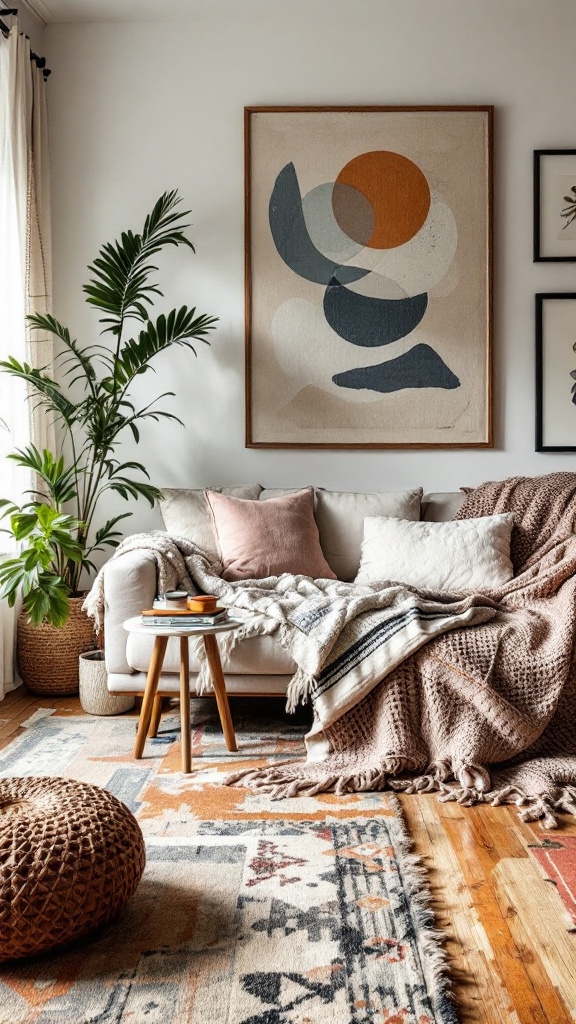 Cozy living room with layered textiles, including a sofa covered with blankets and pillows, a decorative rug, and a plant.