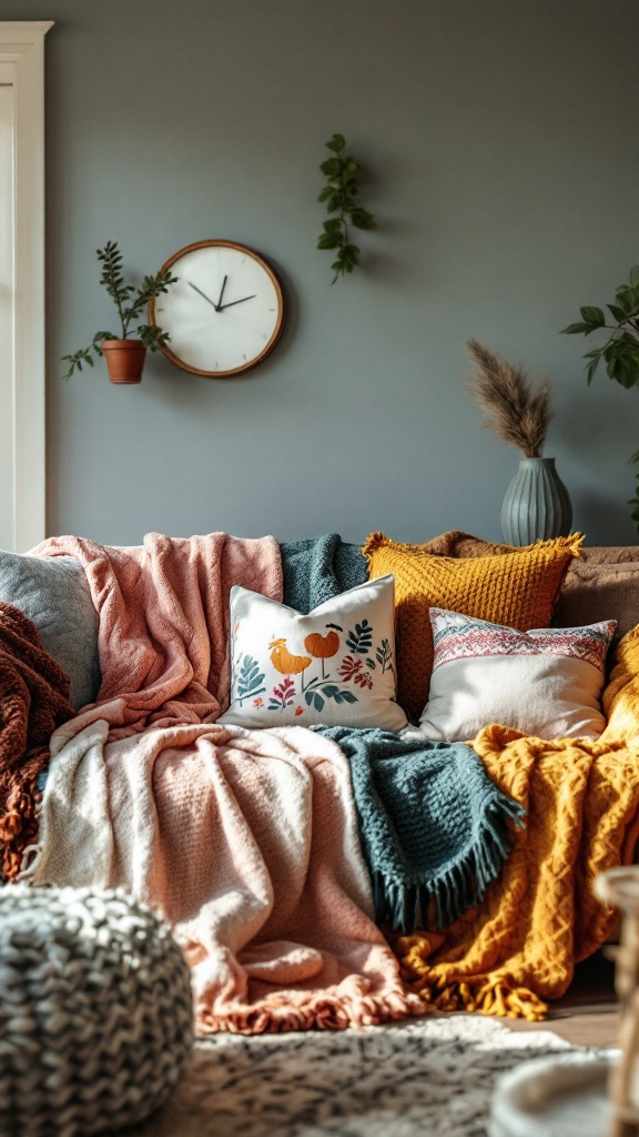 A cozy living room with layered throws and pillows in various textures and colors.