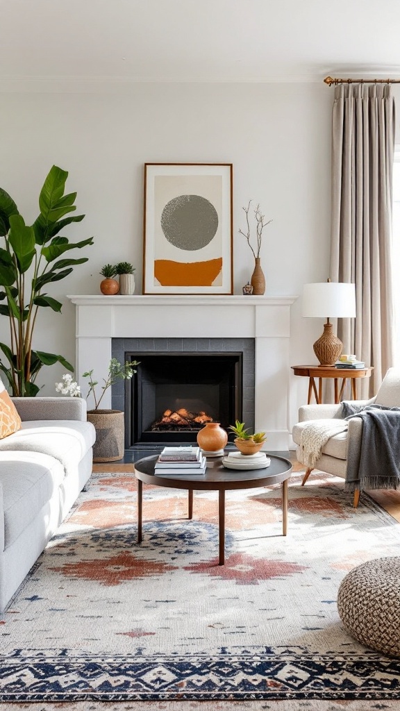 A cozy living room with layered rugs, a fireplace, plants, and modern decor.