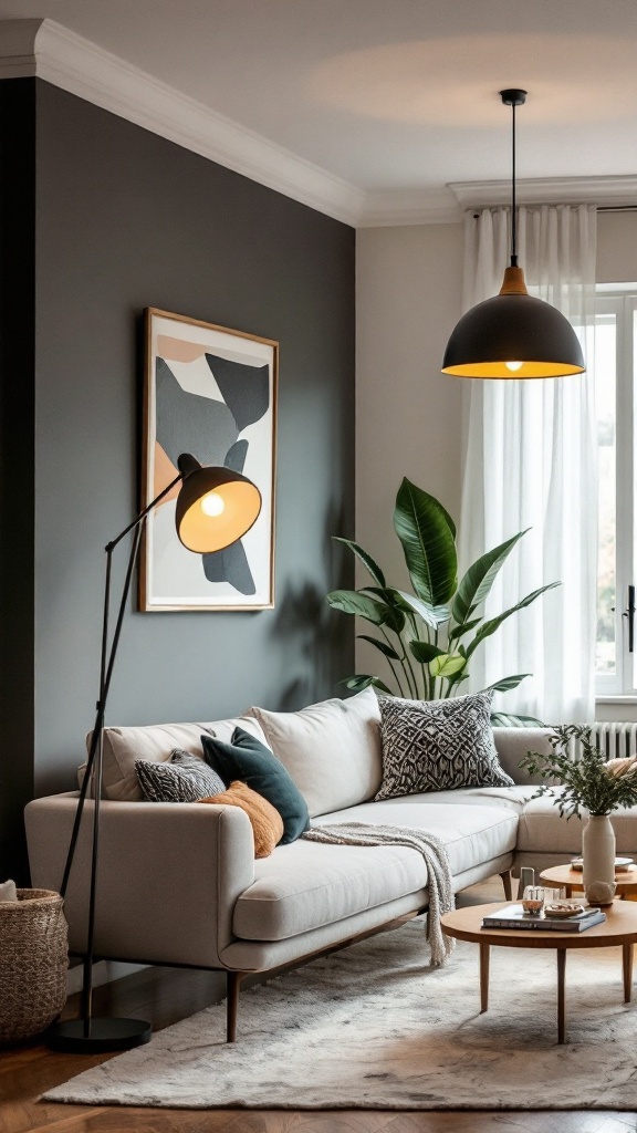 A cozy living room featuring a mixture of floor and hanging lamps, plants, and stylish decor.