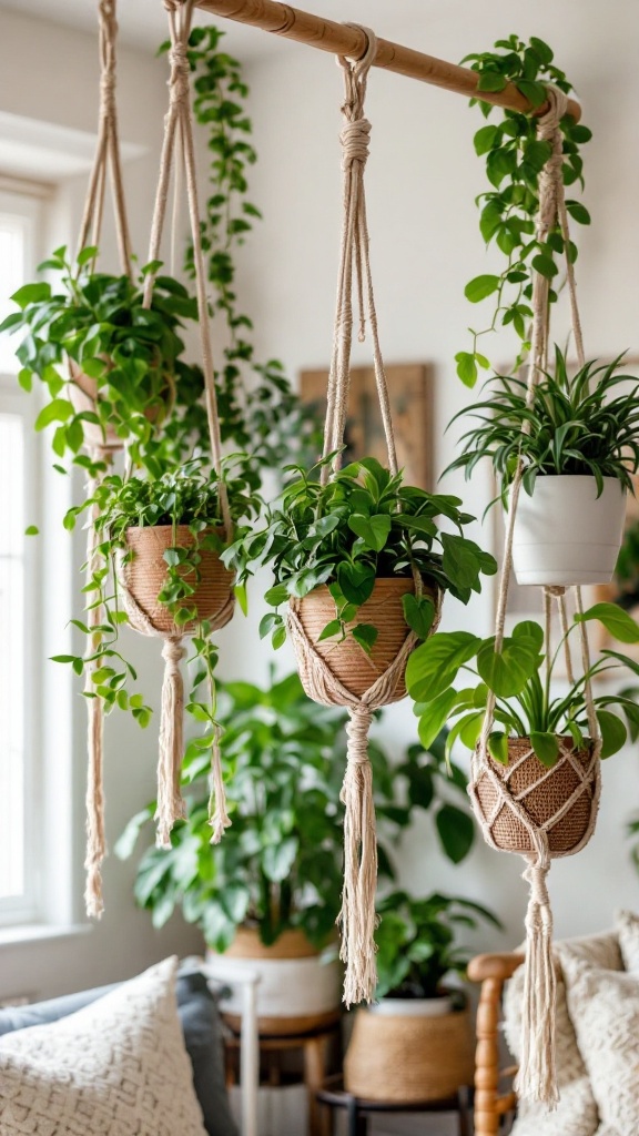 A collection of macrame plant hangers with various green plants, creating a lively indoor atmosphere.