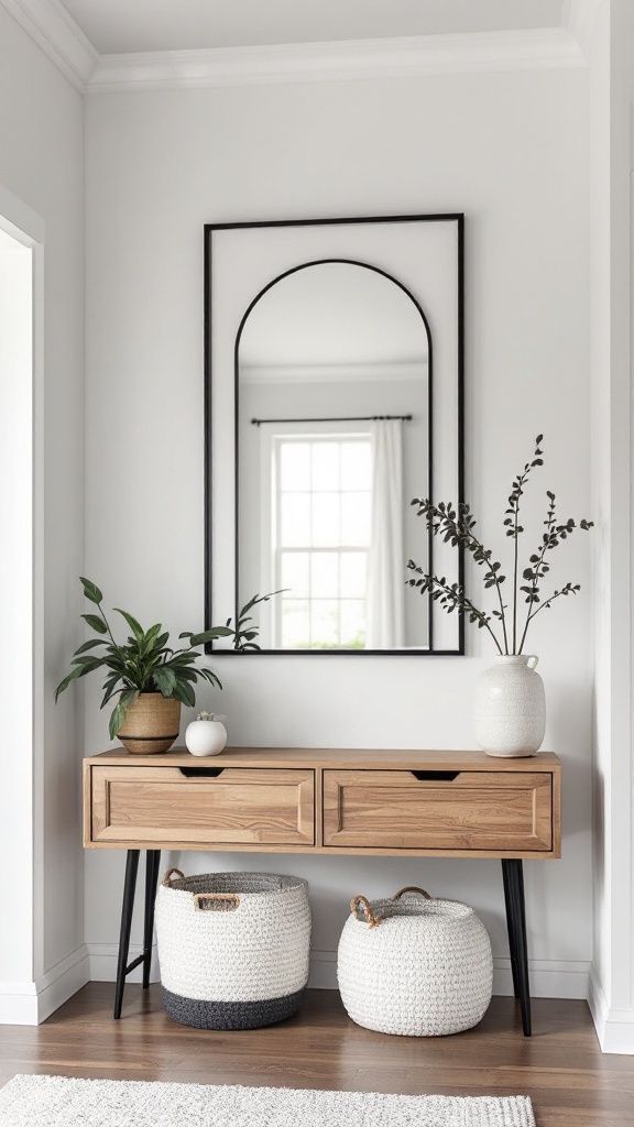 A minimalist black framed mirror above a wooden console table with plants and baskets.