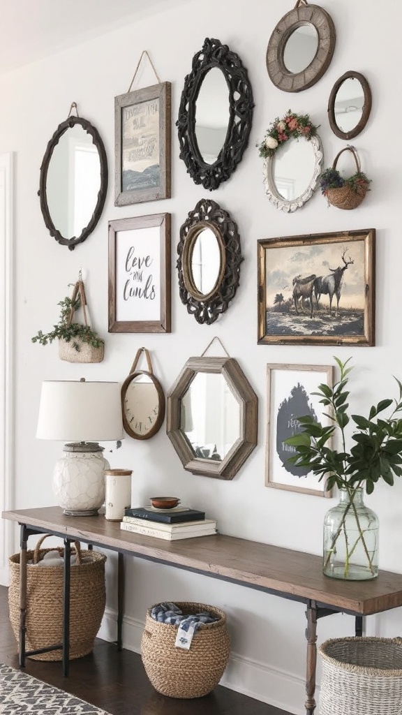 A gallery wall featuring various mirrors and farmhouse art, with a wooden table and decorative items.