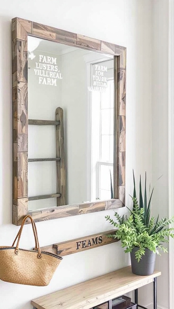 A rustic mirror with a farm-inspired quote reflecting a cozy living room.