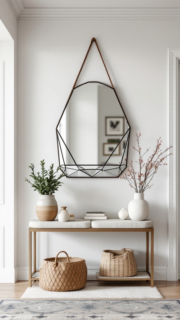 A modern geometric mirror with a unique shape hanging above a stylish console table adorned with vases and plants.