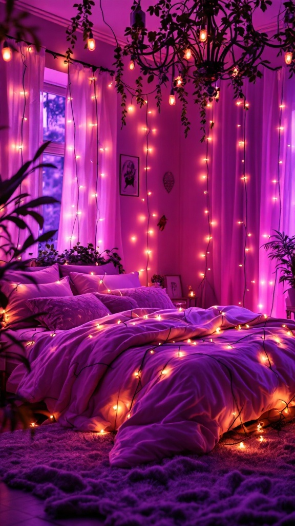 A bedroom adorned with fairy lights creating a warm and inviting atmosphere.