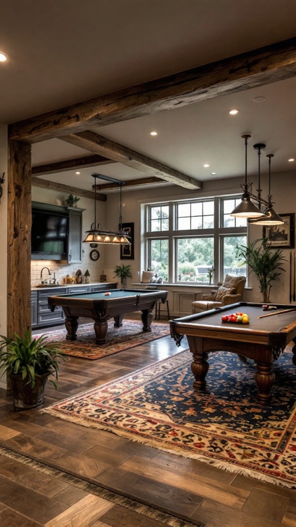 A multi-purpose game area featuring a pool table, a cozy seating area, and elegant decor.