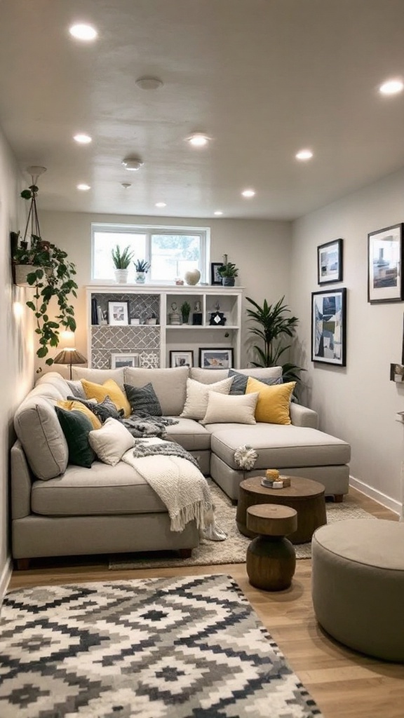 Cozy living area with sectional sofa, stylish decor, and multifunctional furniture.