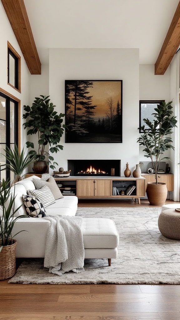 A cozy living room featuring plants, a modern sofa, and a fireplace.