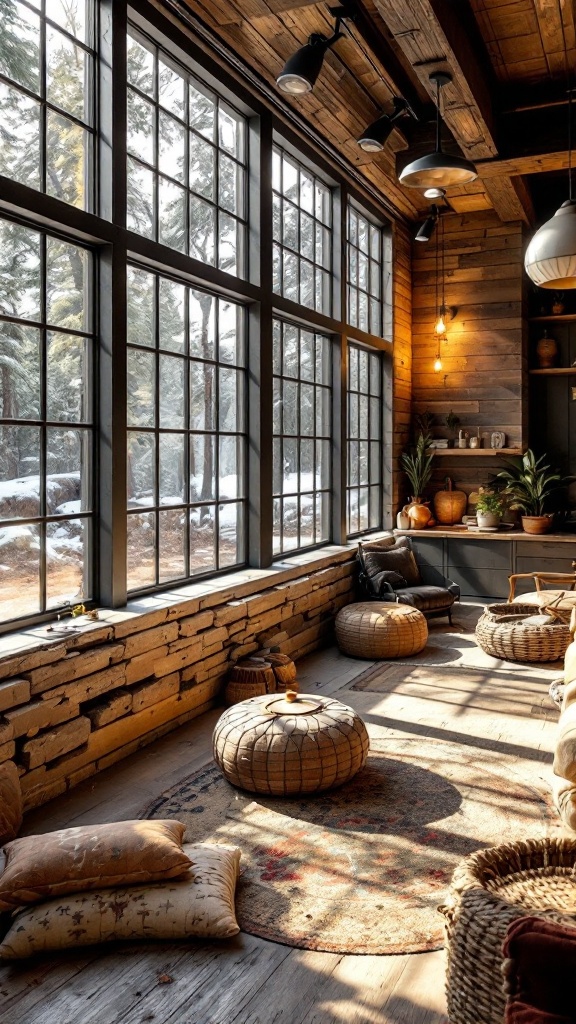 Bright and cozy room with large windows and natural light