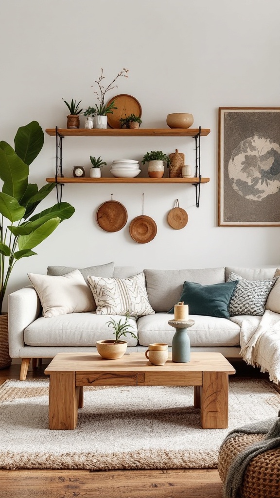 Cozy living room featuring natural wood accents with a soft sofa and decorative elements.