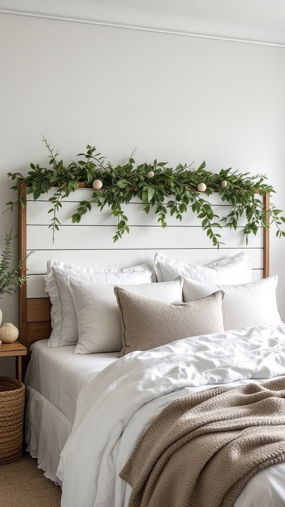 Cozy bedroom with a shiplap headboard decorated with greenery