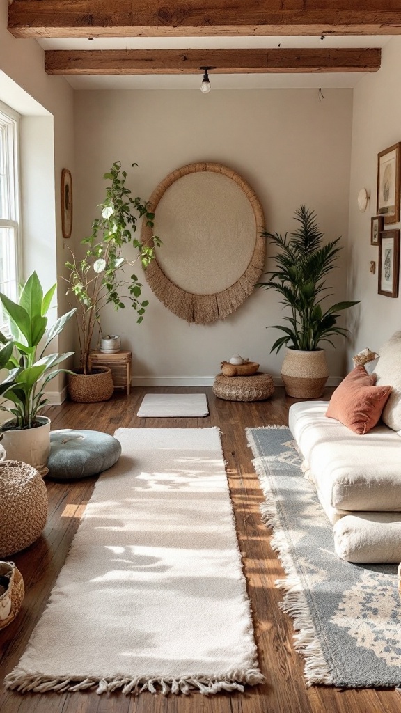 A cozy room with light-colored rugs, plants, and a comfortable sofa, ideal for yoga or meditation.