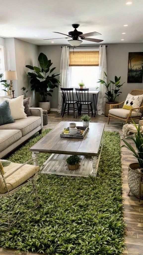 A cozy living room filled with plants, featuring a rustic coffee table and comfortable seating.