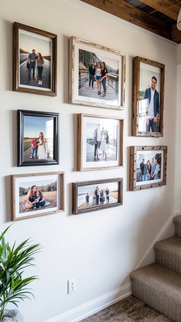 A collage of family photos in various frames on a green wall.