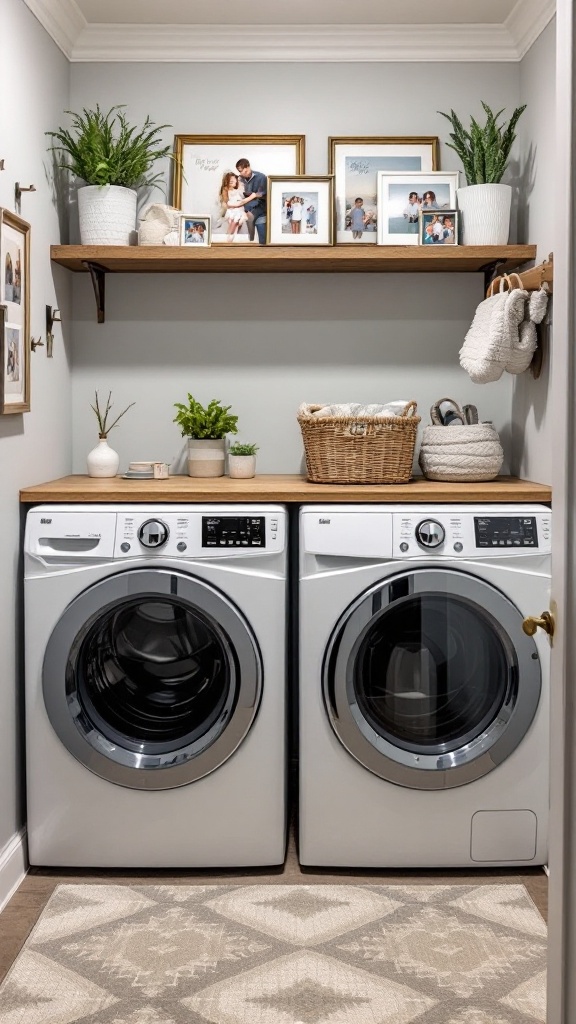 A stylish laundry room with two washing machines, a wooden shelf, framed photos, and decorative plants.