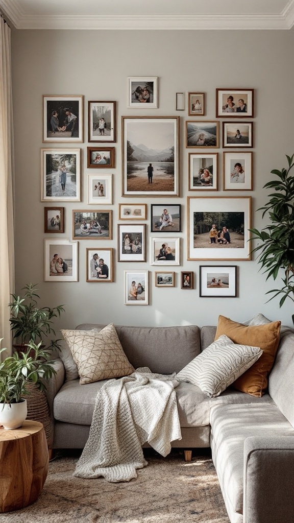 A cozy living room with a wall displaying a personalized photo gallery in various frames.