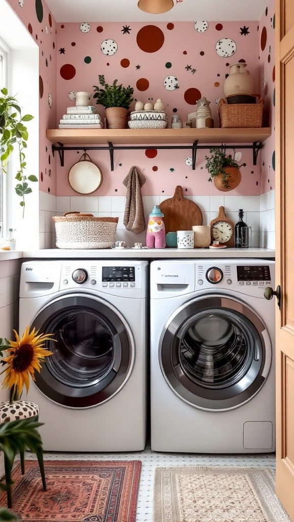 A colorful laundry room with pink walls, decorative items on shelves, and modern washing machines.