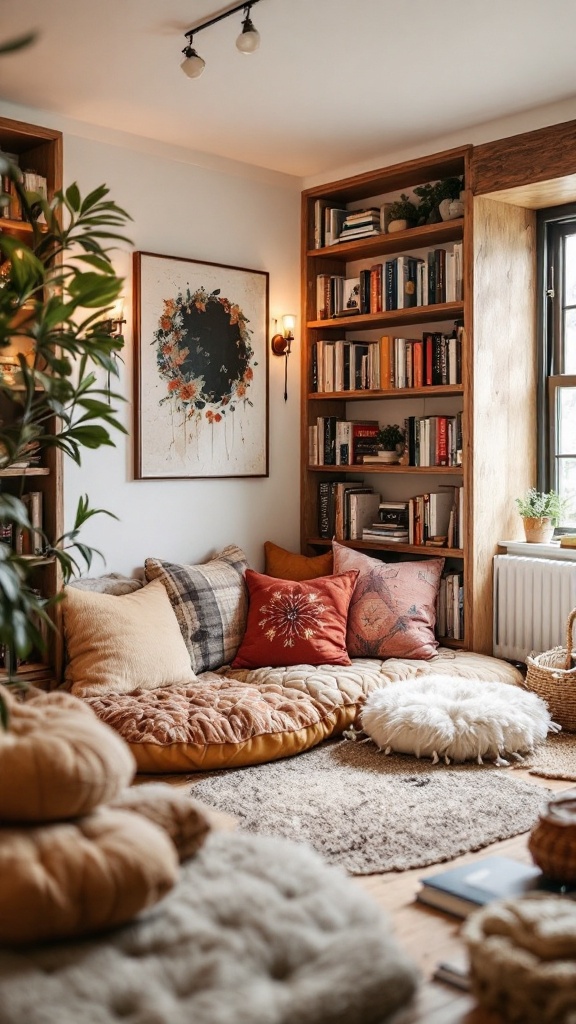 A cozy reading nook with floor cushions, bookshelves, and warm decor.