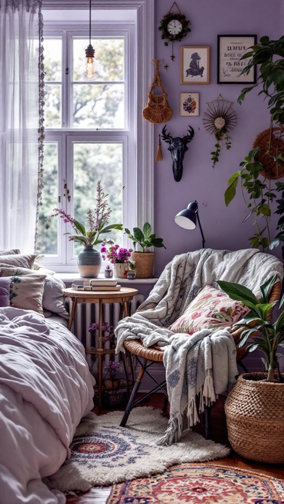 A cozy reading nook with a chair, soft blankets, plants, and natural light