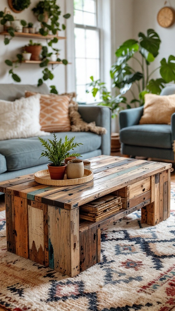 A rustic coffee table made from reclaimed wood, displayed in a cozy living room with plants and colorful decor.