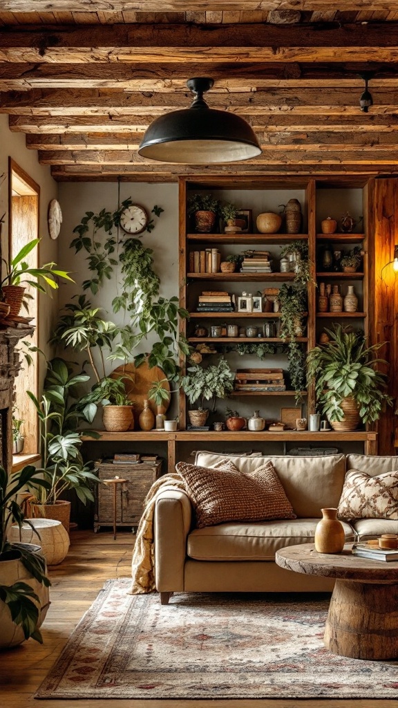 Cozy living room featuring wooden accents, plants, and a comfortable couch.