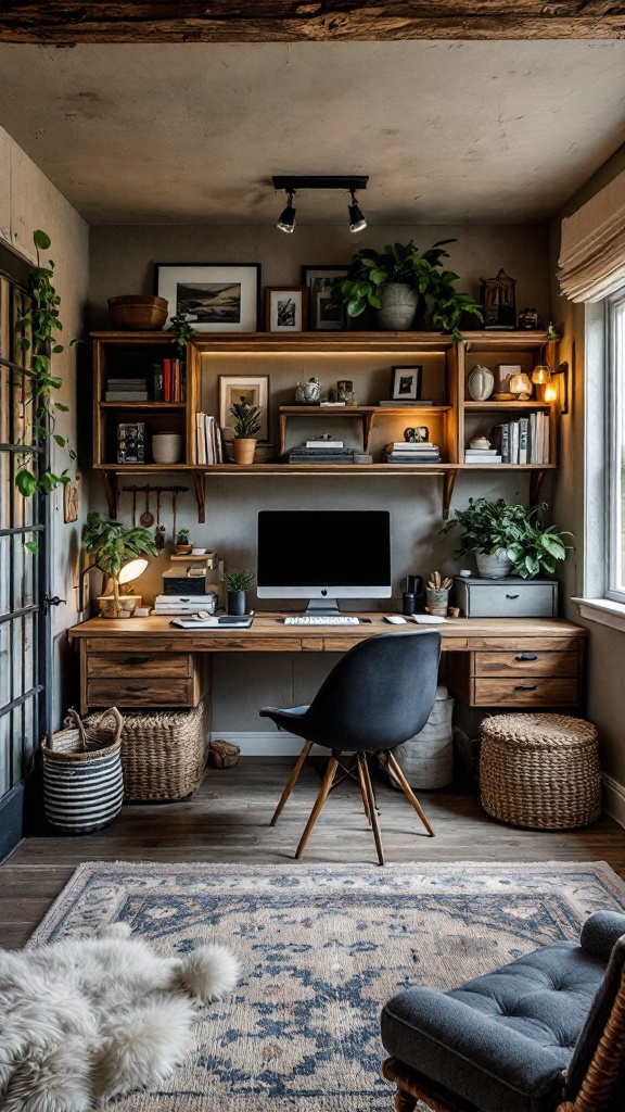 A cozy rustic modern home office with wooden furniture and plants