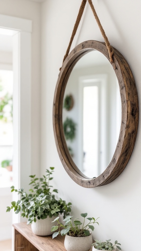 A rustic round mirror with a wooden frame hanging on a wall, surrounded by indoor plants.