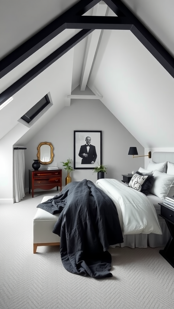 A stylish monochrome bedroom featuring gray walls, a plush bed, and elegant decor.