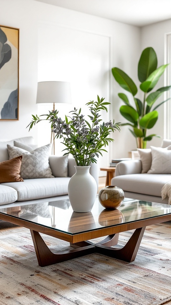 A modern living room with a stylish coffee table, featuring a glass top and wooden base, surrounded by comfortable furniture and plants.