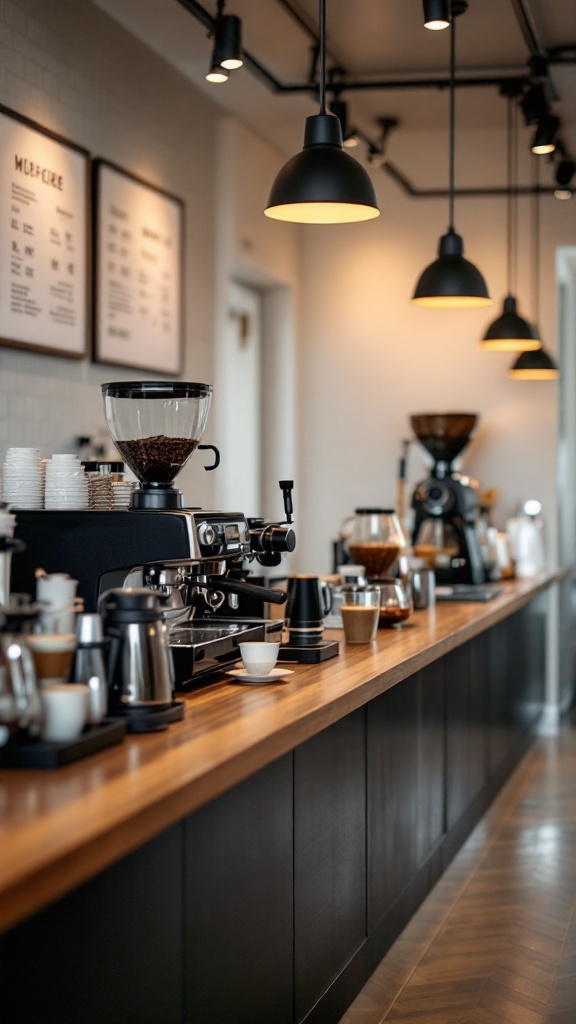 A modern coffee bar setup featuring various coffee machines and accessories.