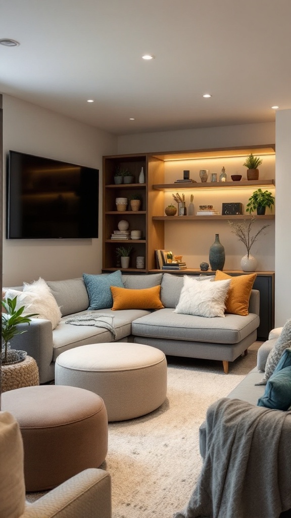 A cozy living room with a sectional sofa, a round ottoman, and stylish shelves filled with plants and decorative items.