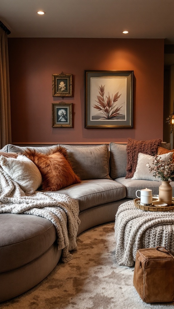 A cozy living room with warm colors, soft textures, and inviting decor.