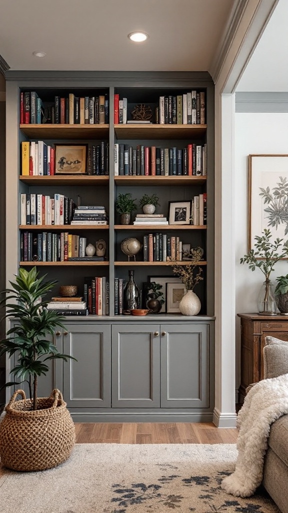 Stylish built-in shelving with books and decorative items