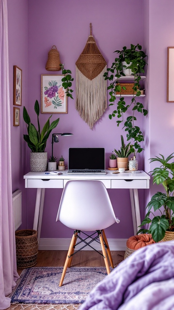 A stylish desk nook with purple walls, a white desk, plants, and artwork.