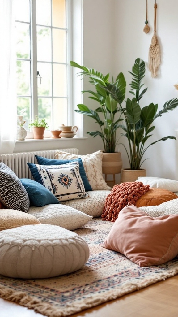 A cozy living space with various stylish floor cushions and plants.